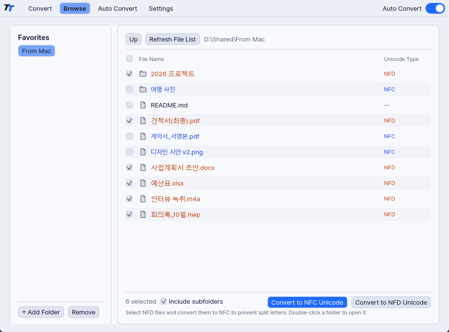 The Browse tab, with file names colored orange or blue by Unicode form.