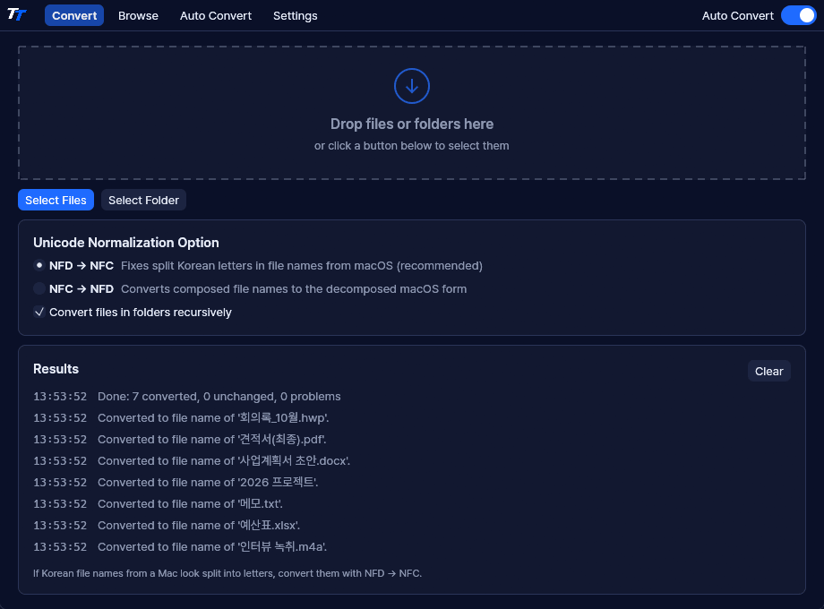 The Convert tab of TT Namer, with a drop area, conversion options and a results log.
