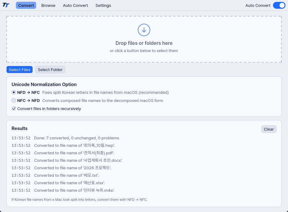 The Convert tab of TT Namer, with a drop area, conversion options and a results log.