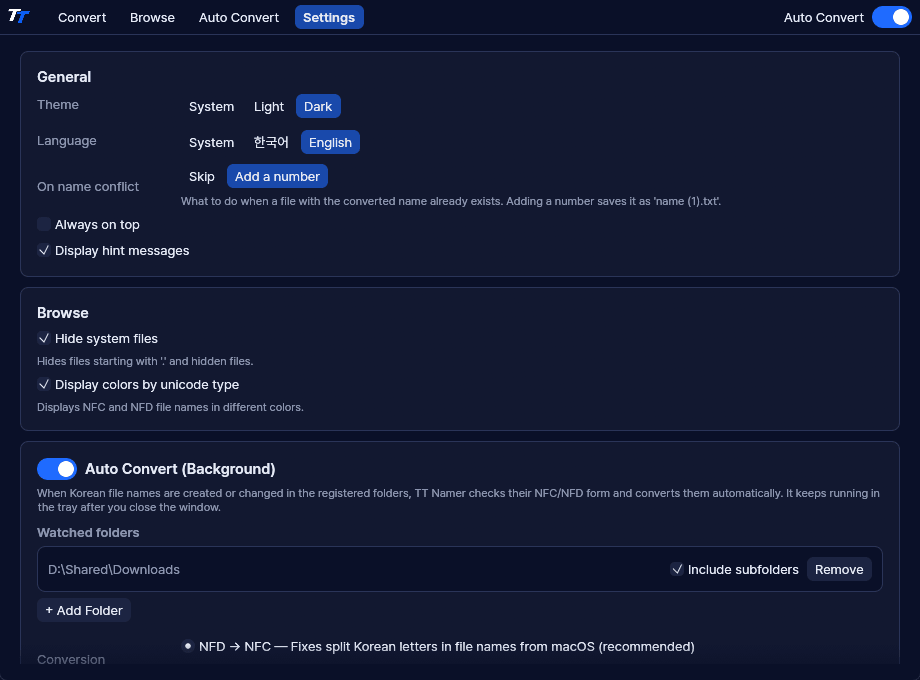 The Settings tab, with theme, language, name conflict and Auto Convert options.
