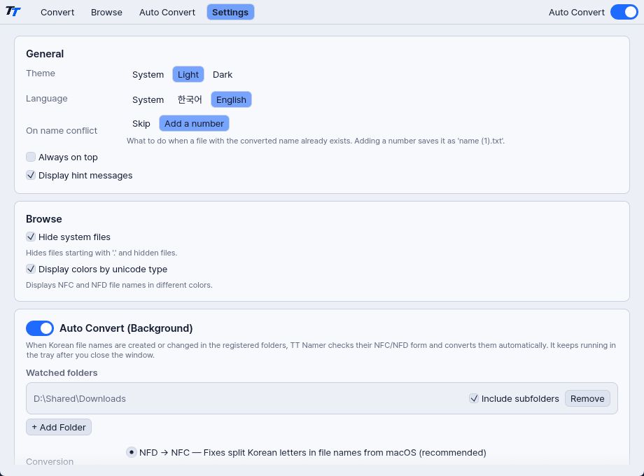 The Settings tab, with theme, language, name conflict and Auto Convert options.