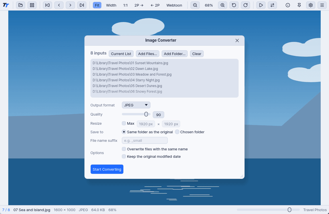 The image converter window, with an input file list and options for format, quality and save location.