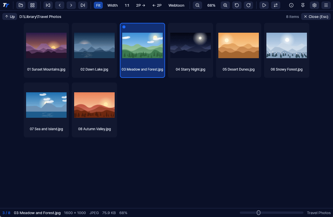A thumbnail grid of eight images from a travel photos folder.