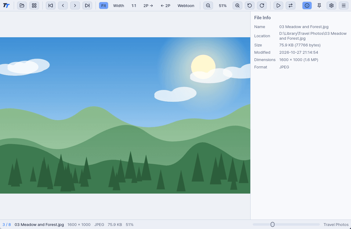 TT Viewer in the light theme, with file name, size and resolution in the info panel on the right.