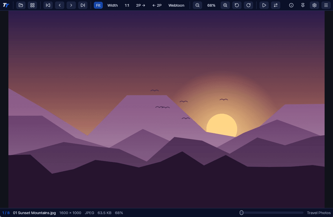 A sunset mountain picture open in TT Viewer, with the toolbar above and file details in the status bar below.